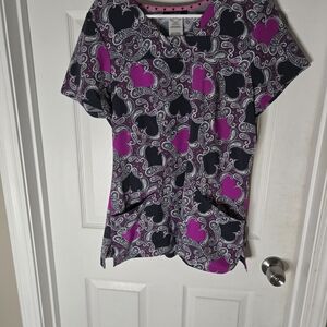 Paisley & Heart Print Women's Scrub Top - Black and Pink